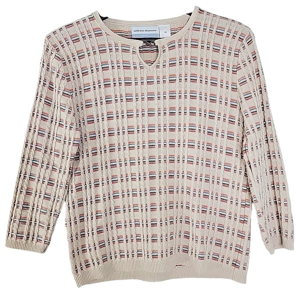 Alfred Dunner Petite Medium Sweater Keyhole Neck Cable Knit 3/4 Sleeve Classic